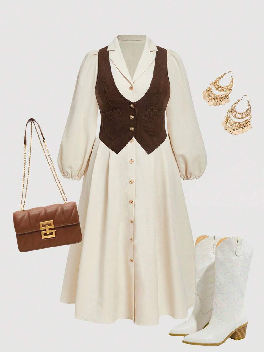 SHEIN MOD Plus Size Women's Elegant Beige Lapel Collar Waist Cinched Long Shirt Dress,White Autumn Sequin Western Picnic Graceful Collegiate Button-Down Outfit - Apricot - View 1