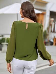 EMERY ROSE Women's Solid Color Round Neck Lantern Sleeve Fashionable Elegant Blouse - Olive Green - View 2