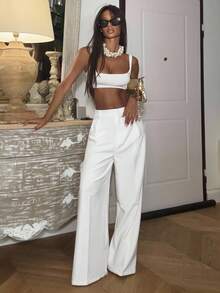 Ronhire Casual Straight High Waist Solid Color Trousers - White - View 4