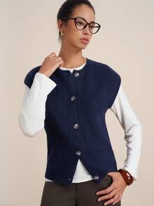 INAWLY Women's Casual Solid Color Button Sweater Vest - Navy Blue - View 4