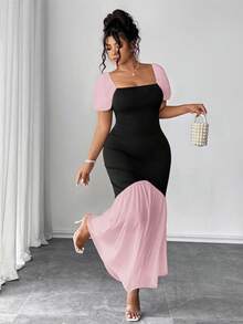 Elenzga 永不过时的古怪优雅系列（Woe Is Me Vibes）（星期三美学）黑色网眼拼布泡泡袖优雅连衣裙 - 彩色 - 查看 5