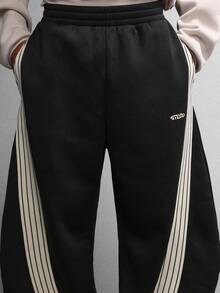 SUMWON Super Wide Leg Sweatpants With Contrasting Side Stripe Detailing Loungewear Winter Fall Fashion Baggy Streetwear Comfortable Jogger Pants Plain - Black - View 6