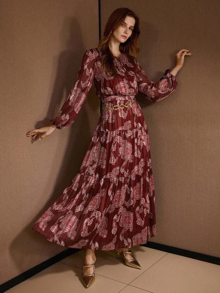 ALLOVER PRINT TIE NECK LANTERN SLEEVE RUFFLE HEM LONG DRESS WITHOUT CHAIN BELT