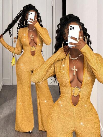 BamGleam Women Simple Fashionable Sexy Printed Overalls For Women,Gold Trim Jumpsuit, Autumn And Winter Daily,Halloween Clothes Women,Christmas Clothes,Wedding Guest Dress Women,Back To School Outfits,Party Outfit Fall Cloth For Women