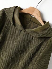 Rusticease 女式纯色连帽口袋休闲百搭灯芯绒连衣裙 - 綠色 - 查看 5