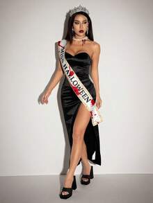SHEIN ICON 2 件万圣节角色扮演缎面性感侧开衩选美派对黑色露肩缎面开衩连衣裙（含配饰） - 黑色 - 查看 3