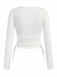 Shutterstock Y2Kool 女士交叉印花抽绳修身长袖上衣图案露脐上衣白色露脐上衣修身露脐上衣长袖露脐上衣搭配建议冬季时尚服装系列新年穿搭棉质 - 白色 - 查看 5