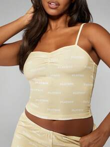 Missguided x Playboy 圣诞吊带背心和短裤睡衣套装，带标志图案 - 黃色 - 查看 5