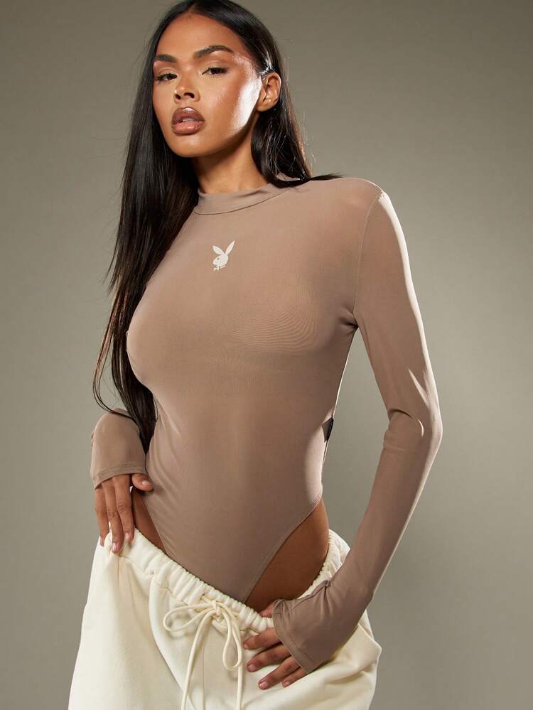 Missguided x Playboy 라이프스타일 바디수트 목넥 긴소매 울트라 핏 기본 필수 라운지웨어 가을 겨울 컬렉션 슬림 바디 수트 패션