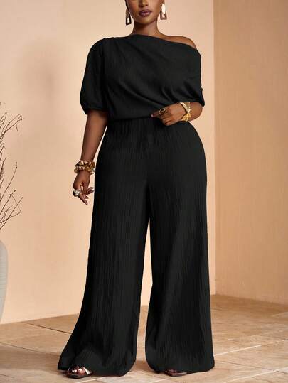 Veslaya 2025 Spring/Summer New Elegant Party/Date/Evening/Graduation Season Solid Khaki Fitted One Shoulder Pleated Decor Asymmetric Jumpsuit, Woven Textured Fabric, Women Plus Size Maxi Jumpsuit