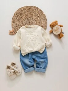 2件套男婴小熊压花加厚抓绒卫衣裤套装，杏色 - 彩色 - 查看 7