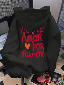 Flirla 大码女款“more Amor Por Favor”字母印花热销抽绳卫衣，秋冬季款 - 黑色 - 查看 3