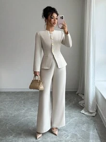 Rafferiza 女士优雅通勤长袖两件套 - 杏色 - 查看 6