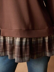 Rosumi Plus Size Casual Plaid Patchwork Sweatshirt Plaid Sweatshirt Oversized Sweatshirt Ruffle Sweatshirt Brown Sweatshirt Women