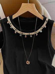 Franclia Damen einfaches Rundhals-Muschelsaum Lässig Loose Tank Top