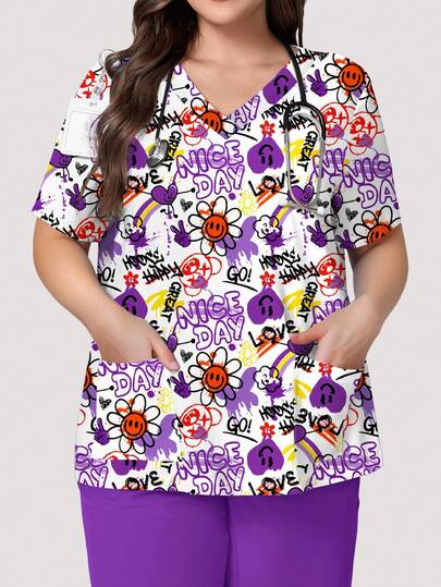 PopScrub 大码女式V领短袖双口袋翻领开衩可爱卡通彩色涂鸦简约吉祥印花护士制服上衣/医生工作制服上衣/检查手术制服上衣/纯色宠物美容制服上衣/营养师工作制服短袖上衣/实验室工作制服上衣多口袋功能性工作服