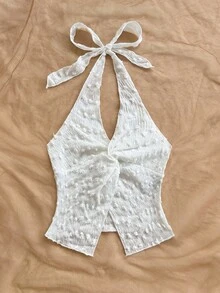 Soleia Fashionable Sexy Halter Tie Knot Hem Slit Open Back Camisole, Suitable For Holiday, Date, Afternoon Tea, Vacation, Music Festival, Boho, Wedding Season - White - View 4