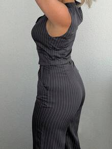 Jeta Ari 女式休闲条纹西装背心和西装裤套装 - 黑色 - 查看 8