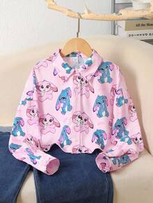 SHEIN Tween Girls' Loose Casual Ruched Plaid Long Sleeve Oversized Back To School Cartoon Pattern Shirt - Apricot - View 6