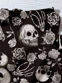EMERY ROSE Plus Size Women Halloween Skull Print V-Neck Ruffle Trim Short Sleeve Shirt, Casual Holiday Wear, Suitable For Summer, Halloween Costume, Y2K Streetwear Women Blouses Summer Skeleton Shirt Skull ShirtIn Fall/Winter