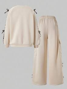 Sparklyn 2 件套青少年女孩宽松休闲蝴蝶结水钻撞色饰边运动衫和配套慢跑裤套装，适合日常、通勤、休闲、度假、聚会、街头风格、秋冬 - 杏色 - 查看 2