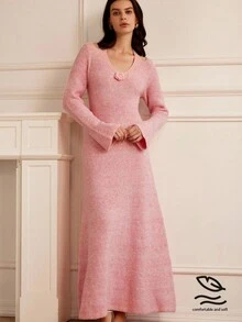 Aveloria Rosie V-Neck Knitted Dress, Fitted Waist Floral Print Dress, Women Sweater Dress - Pink - View 3