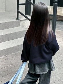 DAZY Sweatshirt Lengan Panjang Gaya Korea Warna Kontras untuk Anak Perempuan, Musim Gugur/Dingin - Navy Blue - View 2