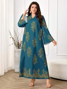 Al Najma 大码女式阿拉伯风格休闲连衣裙，简约时尚，适合日常穿着 - 藍色 - 查看 5