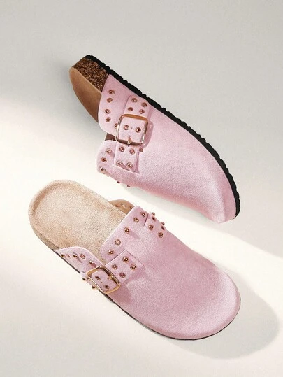 Solecia Women's Fashionable Pink Stud Classic Mule Flat Shoes, Versatile For Daily Wear And Street Halloween Christmas Fall Valentines