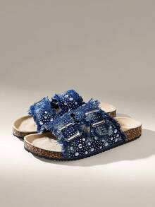 Solecia 女士圆头流苏满钻双扣平底舒适日常宴会通勤时尚百搭女鞋 - 藏蓝色 - 查看 2