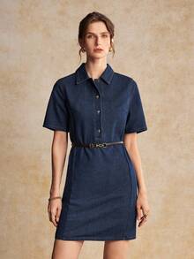 House of One Dark Washed Denim Collared Button-Up Short Sleeves Mini Dress Women Casual Spring Autumn