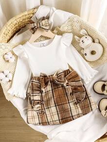 Vintaside Kids 3件套女婴休闲乡村风白色罗纹圆领荷叶边上衣、卡其色格子裙和蝴蝶结发带套装，适合日常穿着，秋冬季女婴服装 - 彩色 - 查看 4