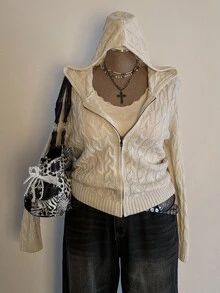 Sunspun Plus Size Women Textured Knit Hooded Front Zip Cardigan Sweater, Suitable For Autumn/Winter, Back To School/Commuting Outfits Fall