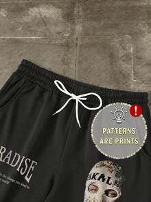 Manfinity EMRG 2 件男士肖像与字母城市街头风格连帽衫和运动裤套装，秋季服装 - 黑色 - 查看 3