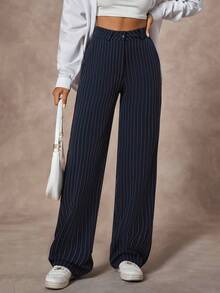 EURMUSE 女式海军蓝条纹直筒纽扣优雅西装裤 - 彩色 - 查看 5