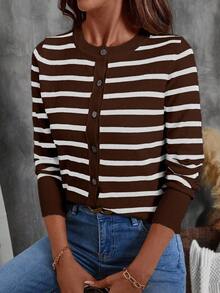 EMERY ROSE 女士休闲条纹长袖单排扣针织开衫，秋季 - 彩色 - 查看 6