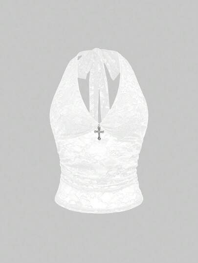 Gothic Cross Decor Lace Halter Neck Bodysuit For Women