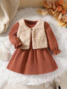 SHEIN Vintaside Kids 2 Stücke/Set Kleinkind Mädchen Landhaus Stil Flauschige Weste Jacke + Cord Puffärmel Kleid, süßer Lässig Alltags Outfit, dick & warm, minimalistisches elegantes Design, Herbst/Winter - Orange - Übersicht 7