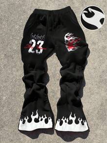 Manfinity EMRG Pantaloni casual da uomo con stampa a lettere, vita con coulisse e tasche, a zampa d'elefante