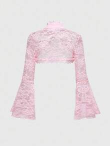 ROMWE Gothic Versatile Split Flare Sleeve Women Lace Shrug Cardigan, For Valentine's Day - Pink - View 2
