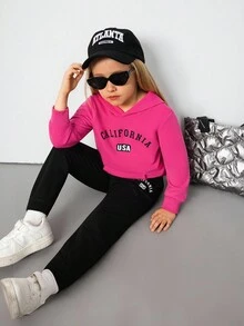 Hanevo 女小童字母圖案袋鼠口袋連帽衫和運動褲 - 黑色 - 查看 5