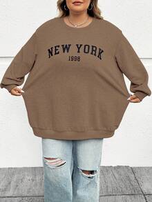 SHEIN CURVE+ 秋冬大码休闲宽松纽约图案圆领长袖女式运动衫 - 棕色 - 查看 4