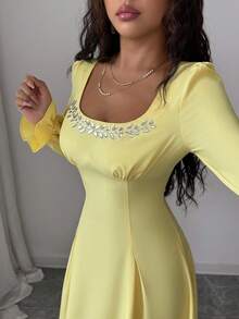 Rafferiza Vestido elegante de unicolor con decoración de rhinestones para mujer - Amarillo - Ver 6
