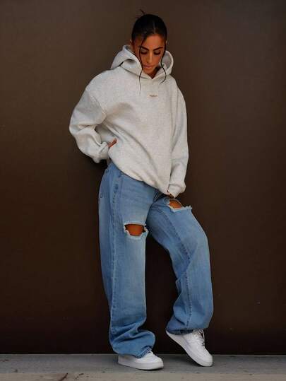 SAYEHFBABY 單釦鏤空破洞抽鬚闊腿牛仔褲