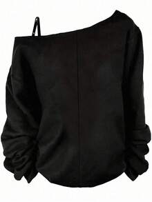 SHEIN CURVE+ 休闲简约大码单肩长袖T恤，万圣节T恤/秋冬 - 彩色 - 查看 2