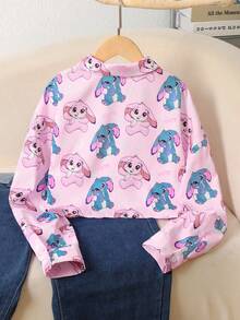 SHEIN Tween Girls' Loose Casual Ruched Plaid Long Sleeve Oversized Back To School Cartoon Pattern Shirt - Apricot - View 2