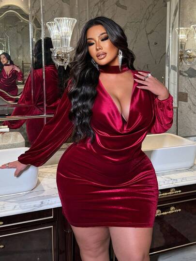 NU&NOW 2025 大码女式性感深垂领纯色紧身天鹅绒面料派对连衣裙，高端设计