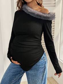 SHEIN Autumn And Winter  Maternity Patchwork Fuzzy Trim Oblique Shoulder Long Sleeve Ruched Fashion T-Shirt