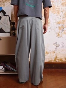 Manfinity VCAY 男士休闲宽松阔腿梭织裤，秋季 - 草綠色 - 查看 2