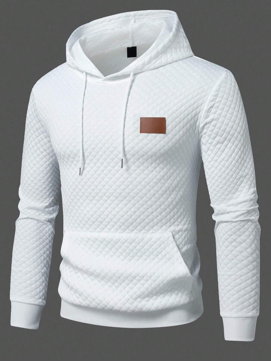 Manfinity Homme 男士休闲百搭连帽卫衣，饰有精美贴片，白色绗缝连帽衫，秋季长袖上衣 - 白色 - 查看 1